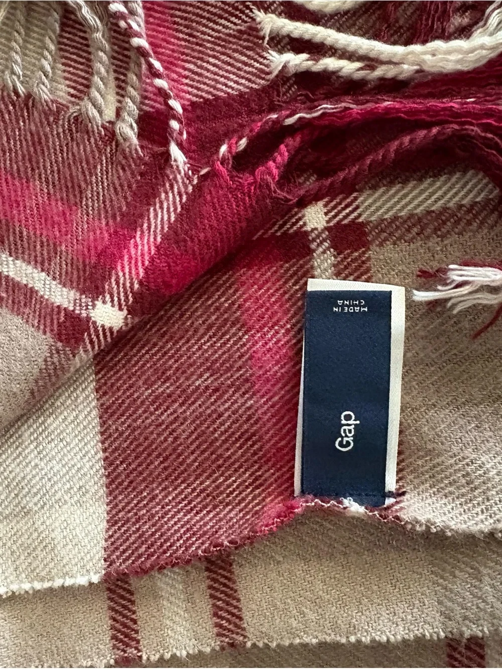 GAP Soft Oversized Red and Cream Plaid Fringe Scarf